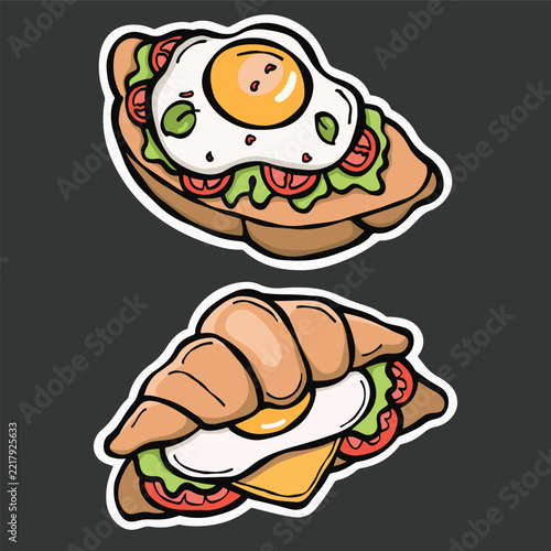 Croissant Sandwich Food Sticker Doodle Vector Cute Illustration