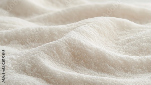 Top view of fine white sodium chloride salt crystals heaped into soft rolling dunes, sparkling grains with creamy ivory tones, minimal food and spa background