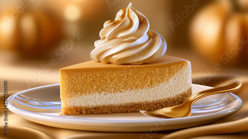 Pumpkin spice cheesecake slice with whipped cream on a plate  