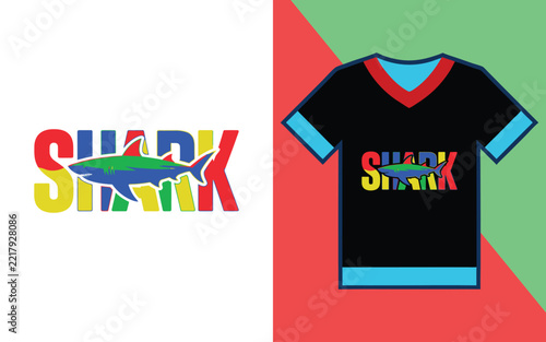 T-shirt featuring the word shark with a colorful shark silhouette on a black fabric background