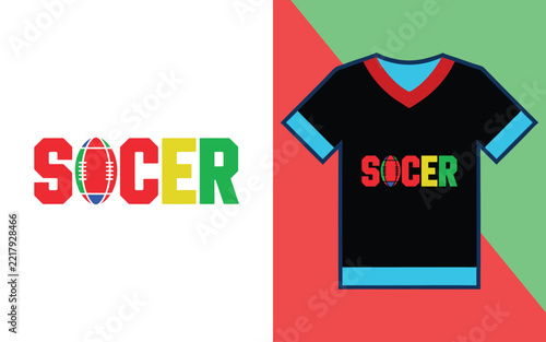 T-shirt featuring the word socer with a colorful football replacing the letter o on white background