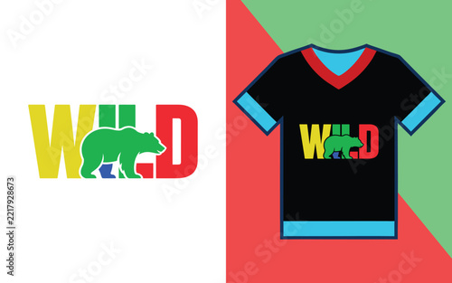 T-shirt featuring the word wild with a green bear silhouette on a black fabric background