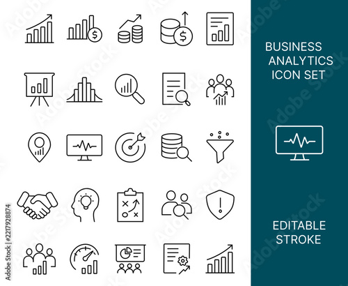 Business Analytics Outline Icon Set – Data Analysis, Statistics, Finance, and Management