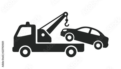 Tow truck towing broken car silhouette vector icon isolated on white background for automotive service