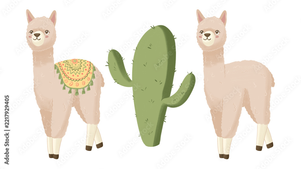 Fototapeta premium Cute alpaca with cactus isolated clip art for kids room, fabric or pattern 