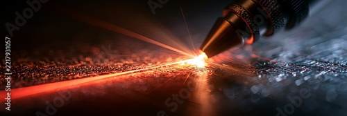Laser engraving machine processing metal with glowing sparks. Laser technology precisely engraving a metal surface, generating sparks and a bright beam
