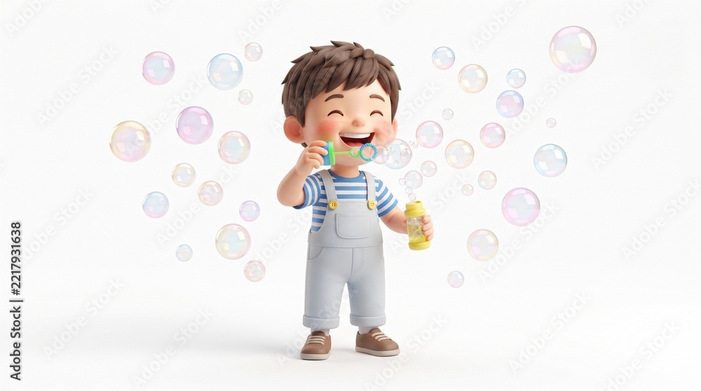 Fototapeta premium Joyful Cartoon Boy Blowing Bubbles, Childhood Fun, Summer Outdoor Activity, Rainbow Iridescent Spheres