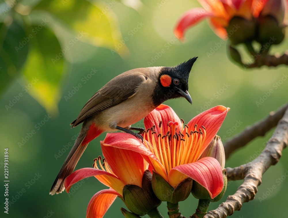 Fototapeta premium Red whiskered bulbul bird perches on bright African tulip tree flower. Small colorful bird eats nectar from orange blossom in tropical garden. Wild fauna shows vibrant feathers, black crest near rich