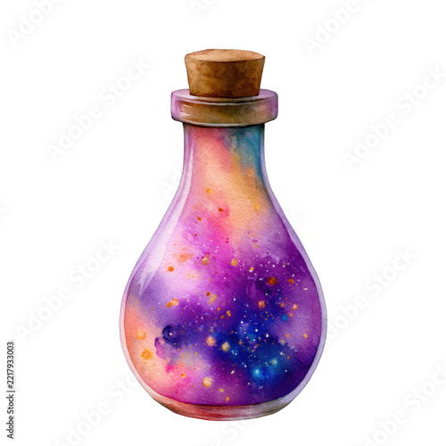 Whimsical watercolor potion bottle, isolated on transparent background