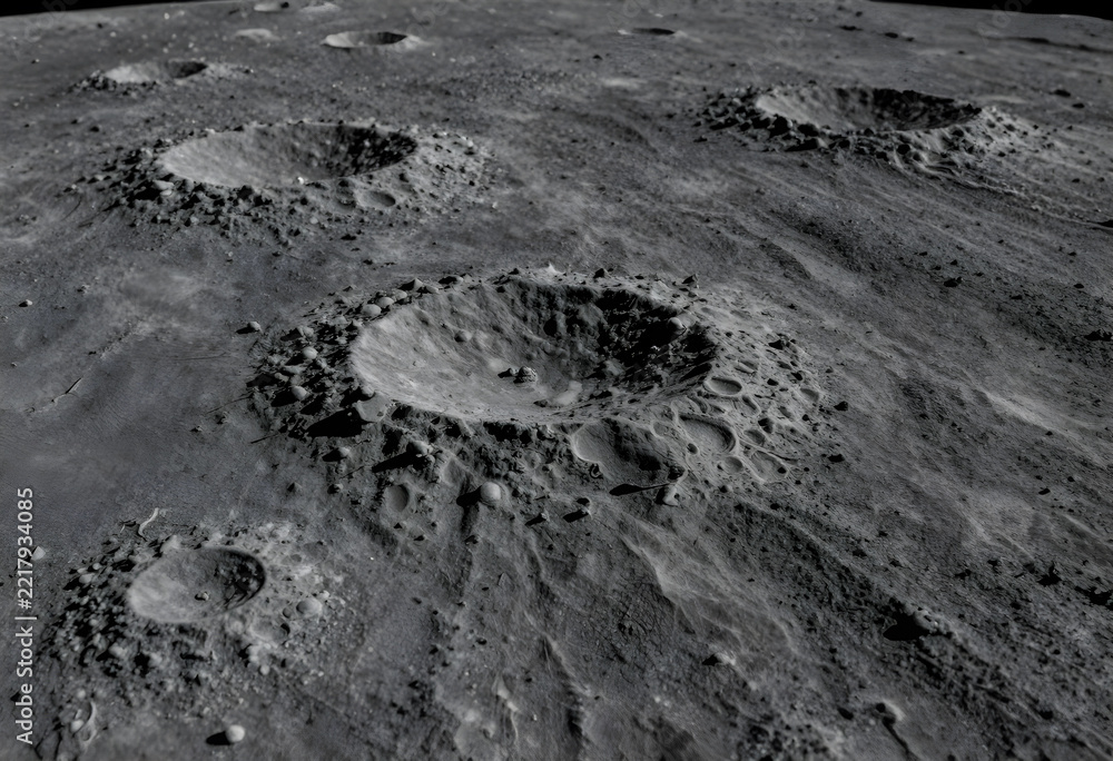 Fototapeta premium Space exploration and lunar surface, moon craters and extraterrestrial landscape with rocky terrain for astronomy and science fiction background