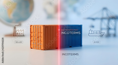 A diagram illustrating the concept of Incoterms, showcasing shipping containers, a factory, a ship, a crane, and a globe for global trade and logistics.