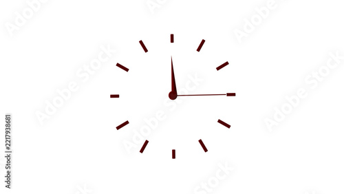3D render of minimalist analog clock face with red magenta hour markers and hands showing 12:15, isolated on transparent background, modern clean timepiece design element, png