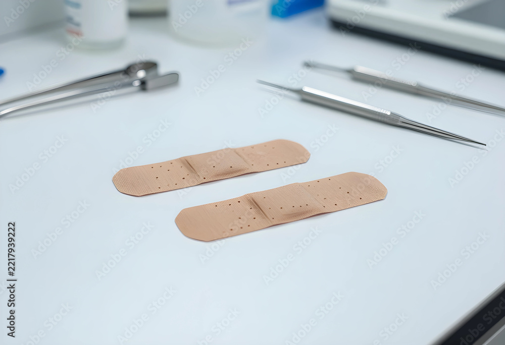 Fototapeta premium First aid and wound care, adhesive bandages with medical instruments on a clinic table for healthcare treatment and minor injury recovery in hospital