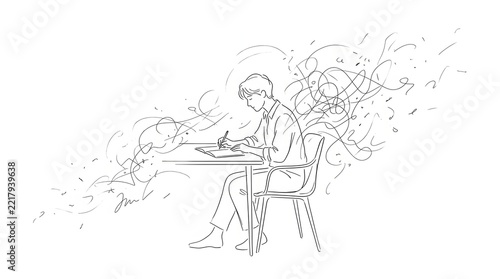 Sketch of a man writing with abstract swirls in a minimalist style