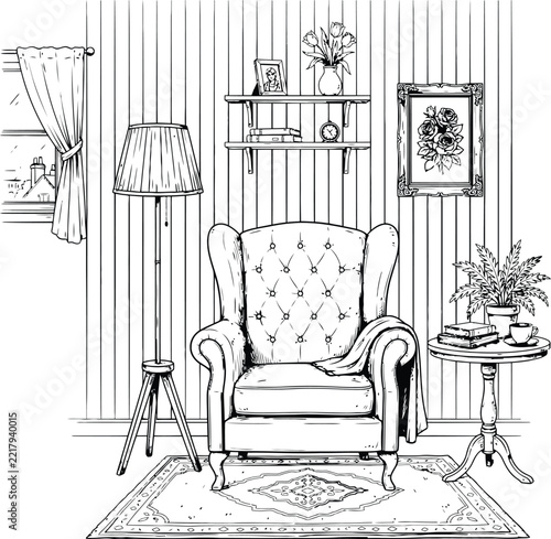 Chair illustration line art drawing of a cozy living room interior
