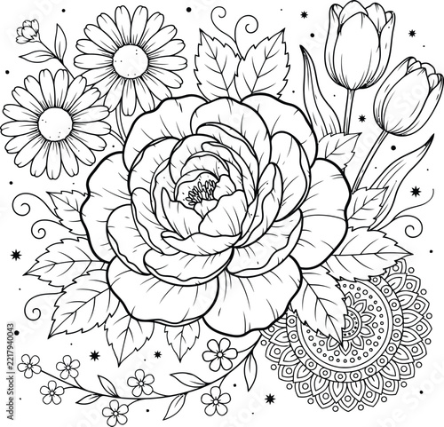 Flower line drawing with mandala detail and assorted garden blooms