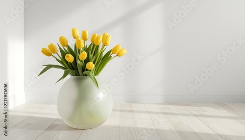 There is a white vase with yellow tulips in it on a wooden floor