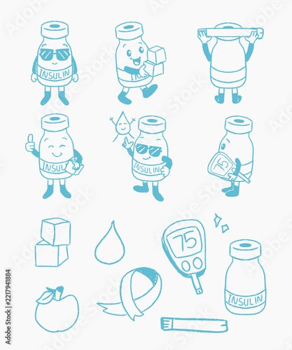 Insulin Vial Cute Character Collection for Diabetes Awareness in Playful Medical Line Art Style