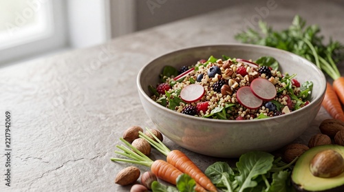 Quinoa Salad Bowl with Berries, Radish Slices, and Nuts on Stone Countertop