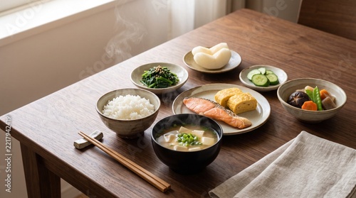 Traditional Japanese Breakfast Meal with Steamed Rice Miso Soup Grilled Salmon and Side Dishes on Wooden Table