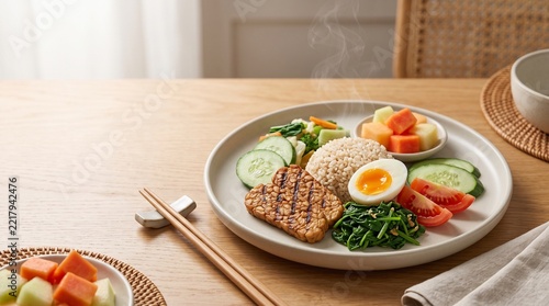 Healthy Balanced Meal with Brown Rice, Grilled Tempeh, Boiled Egg, Vegetables, and Diced Fruit on Wooden Table