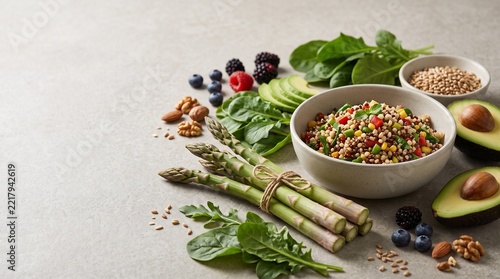Quinoa Salad Bowl with Fresh Asparagus, Avocado, Berries, and Nuts on Stone Surface