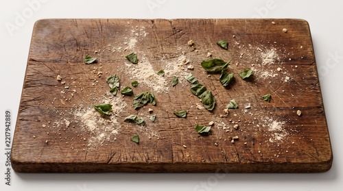 Scattered Basil Leaves and Flour Dust on a Weathered Wooden Cutting Board