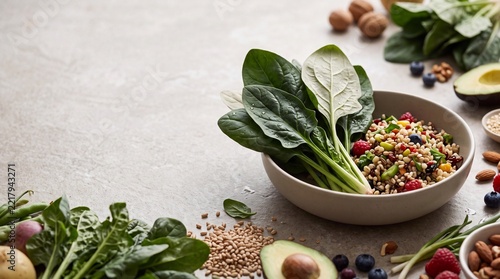 Healthy Grain Salad Bowl with Fresh Spinach, Berries, Avocado, and Nuts on Stone Table