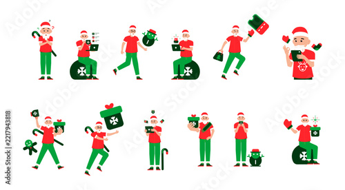 Christmas character illustration collection featuring Santa Claus with gifts, candy canes, snowmen, stockings, tablets, and festive accessories for holiday and seasonal projects.