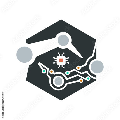 Robot automation technology logo featuring a central microchip, robotic arms, circuit connections, and futuristic industrial design on a white background.