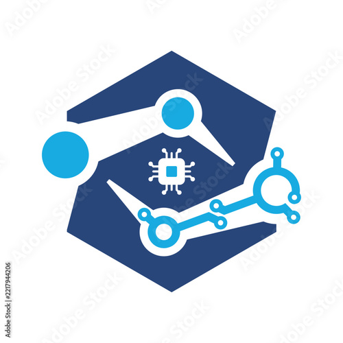 Robot hand with microchip technology logo, representing robotics, automation, artificial intelligence, digital engineering, and futuristic technology on a white background.