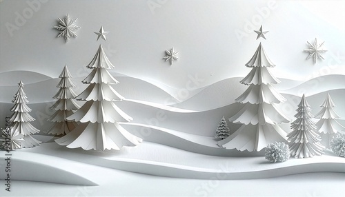 Minimalist 3d paper craft christmas landscape with layered white hills, stylized evergreen trees, and delicate snowflakes isolated on white background