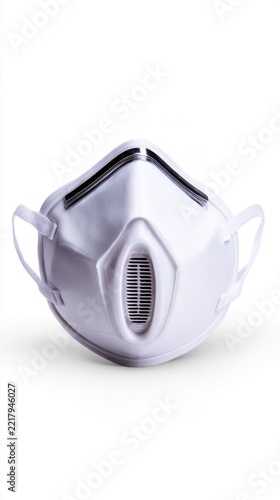 A close-up view of a white protective face mask with a distinctive ventilation feature