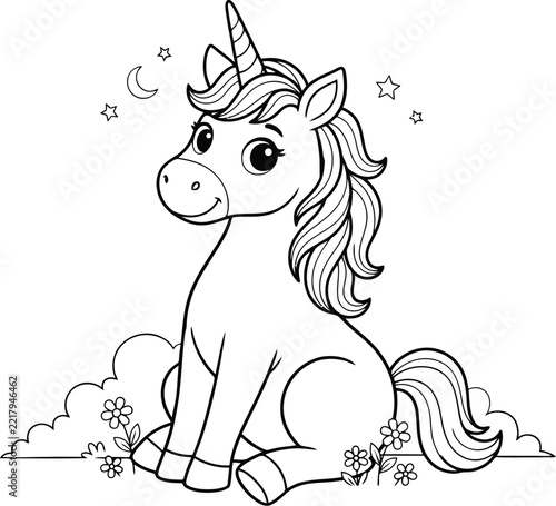 Unicorn coloring page outline drawing of a magical baby pony