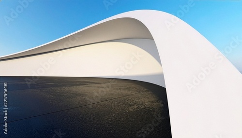 Minimalist architectural structure with a curved white roof and a dark textured ground against a clear blue sky, representing modern design and abstract space