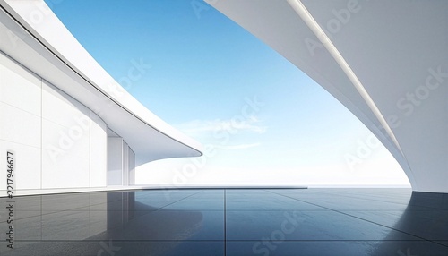 Modern minimalist architectural structure with curved white roof and reflective dark tiled floor against a clear blue sky