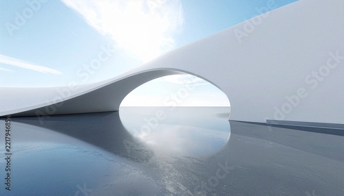 Minimalist architectural structure with a curved arch over a reflective water surface under a clear blue sky