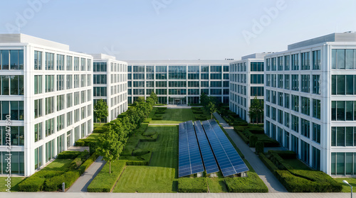 Modern apartment complex with swimming pool and green landscaping