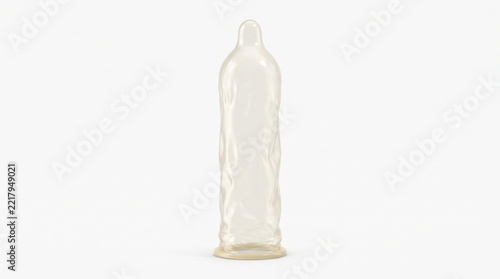 Single unrolled latex condom isolated on white background for sexual health and safety presentation.