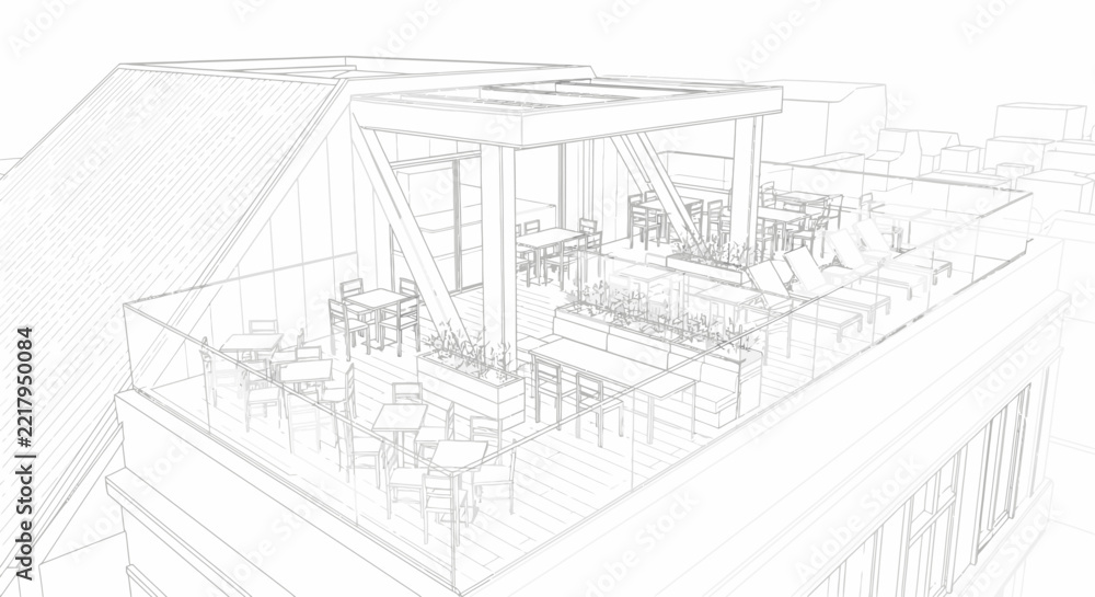 Fototapeta premium Architectural sketch shows an outdoor rooftop terrace with tables, chairs, and shade structures.