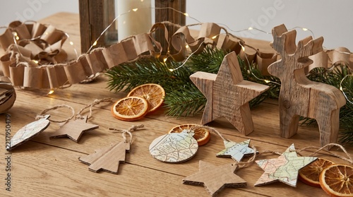 Eco-friendly holiday decorations and sustainable lifestyle choices using natural materials, promoting environmental awareness during the festive season.