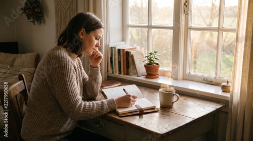 Person writing thoughts and reflections in a journal at the end of the year, focusing on personal growth, achievements, and future aspirations.