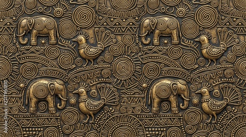 Seamless Dokra Brass Metal Casting Pattern with Birds, Elephants and Spirals in Antique Gold