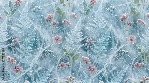Seamless Frozen Botanical Pattern with Ferns and Flowers Trapped in Clear Ice and Frost