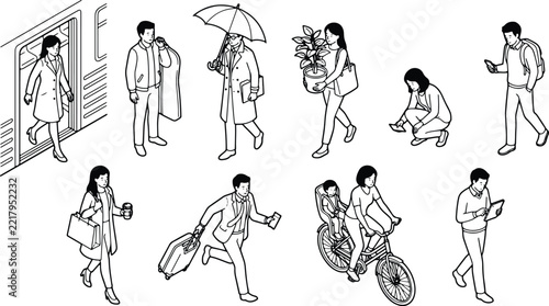 People, isometric set of diverse characters with luggage, plants, and bikes on a white background