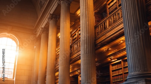 A sunlit library interior featuring tall columns, rich wooden shelves filled with books