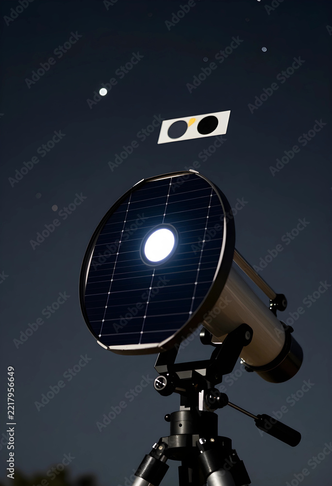 Fototapeta premium Renewable energy innovation, solar panel telescope for space exploration and sustainable technology research under night sky with stars