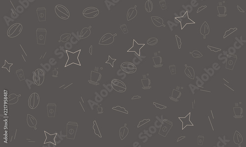 A seamless coffee-themed vector pattern featuring cups, coffee beans, leaves, stars, and coffee glasses