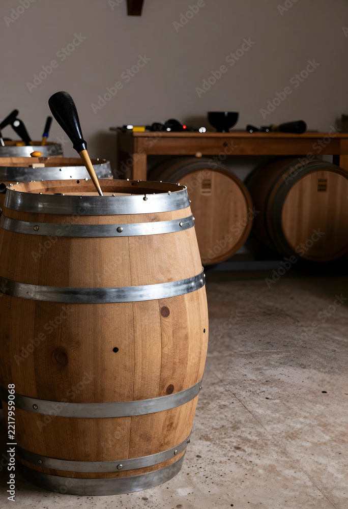 Fototapeta premium Winemaking and craft production, wooden wine barrel with bung tool in traditional cellar for fermentation and aging process in winery industry