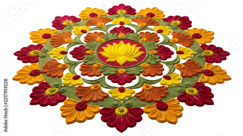 Intricate traditional rangoli floor art made from colored powder featuring a central yellow lotus motif surrounded by concentric rings of red, orange, and yellow flower petals with green leaves
